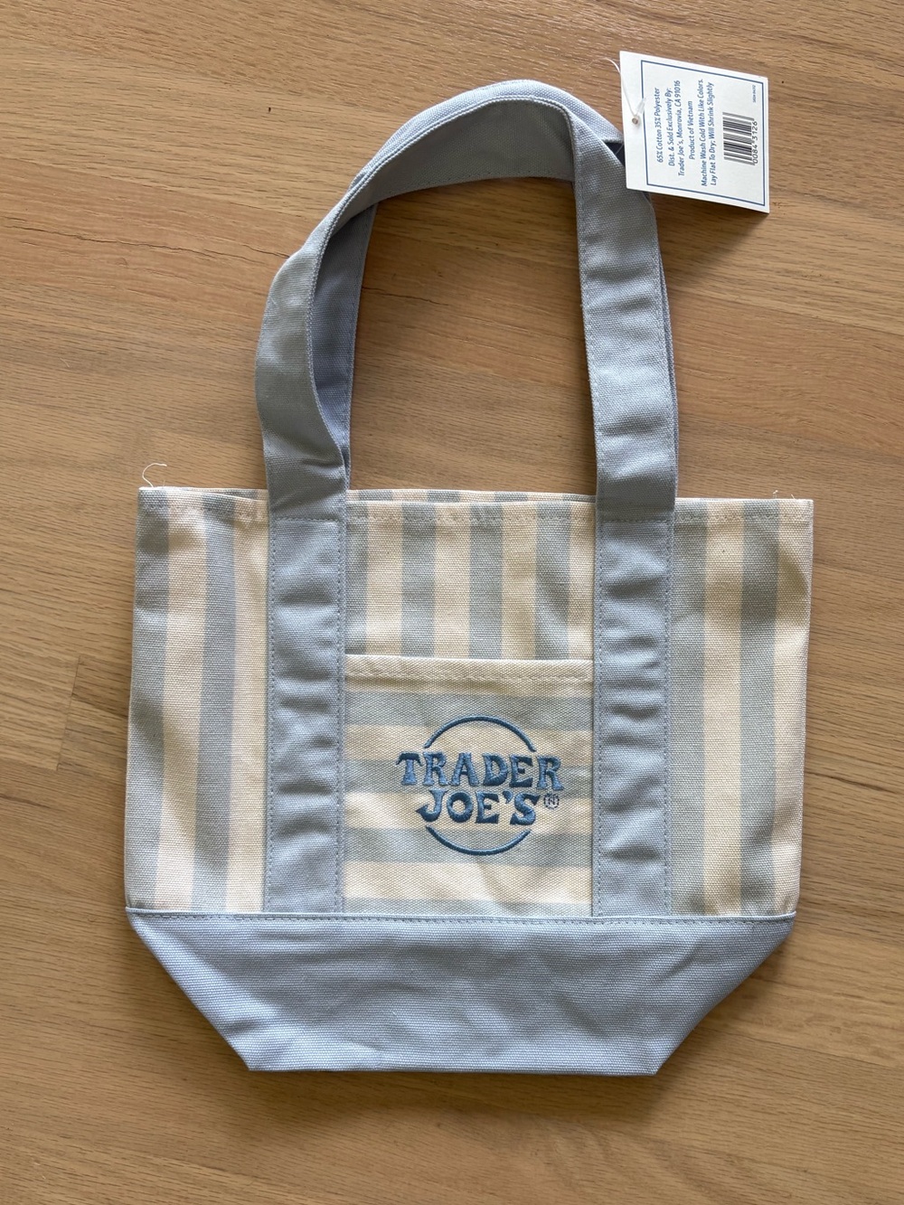 Trader Joe's Light Blue and Cream Striped Canvas Tote